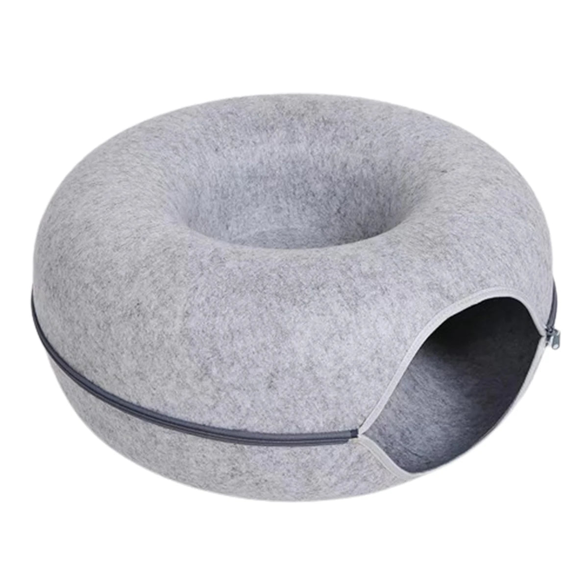Felt donut cat bed in light grey with a dark zip and a tunnel opening in the side