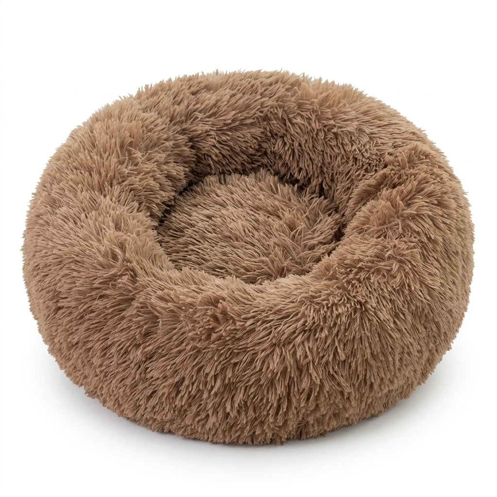 Round fluffy cat bed in tea brown shaggy faux fur with a thick raised rim and a soft centre