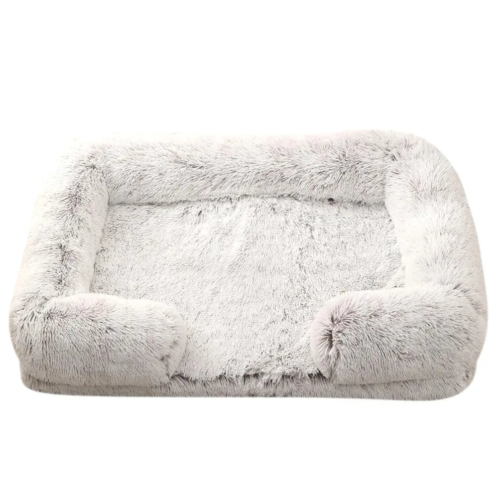 Fluffy dog bed in frosted coffee, white shaggy plush with brown roots, bolsters round the back and sides