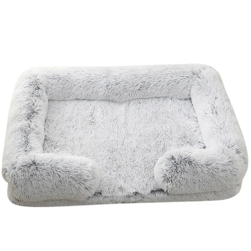 Fluffy dog bed in frosted grey, white shaggy plush with grey roots, bolsters round the back and sides