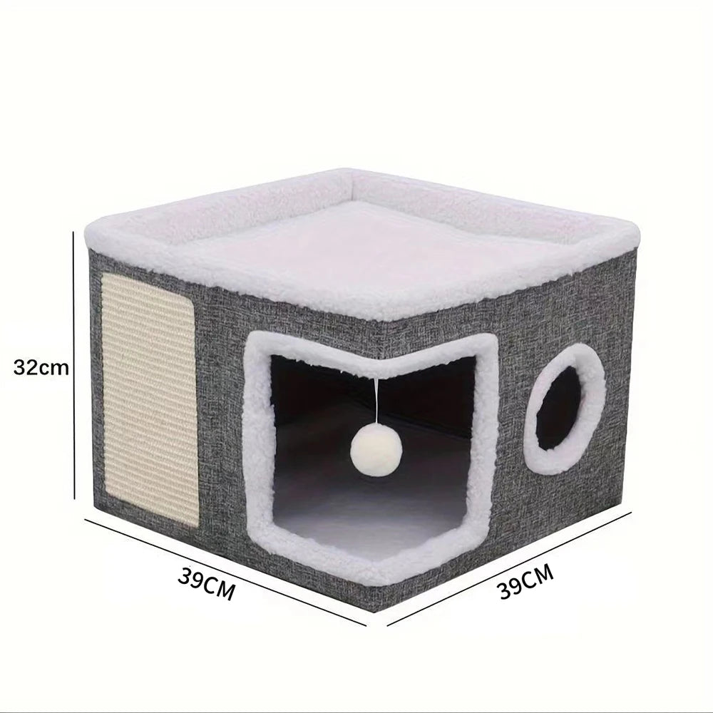Dimensions of the grey foldable cat house: 39 cm wide, 39 cm deep and 32 cm high