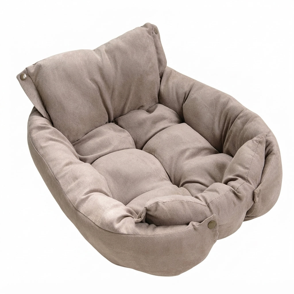 Foldable dog bed in brown suede-effect fabric, set up as a sofa with a buttoned backrest and a tufted seat