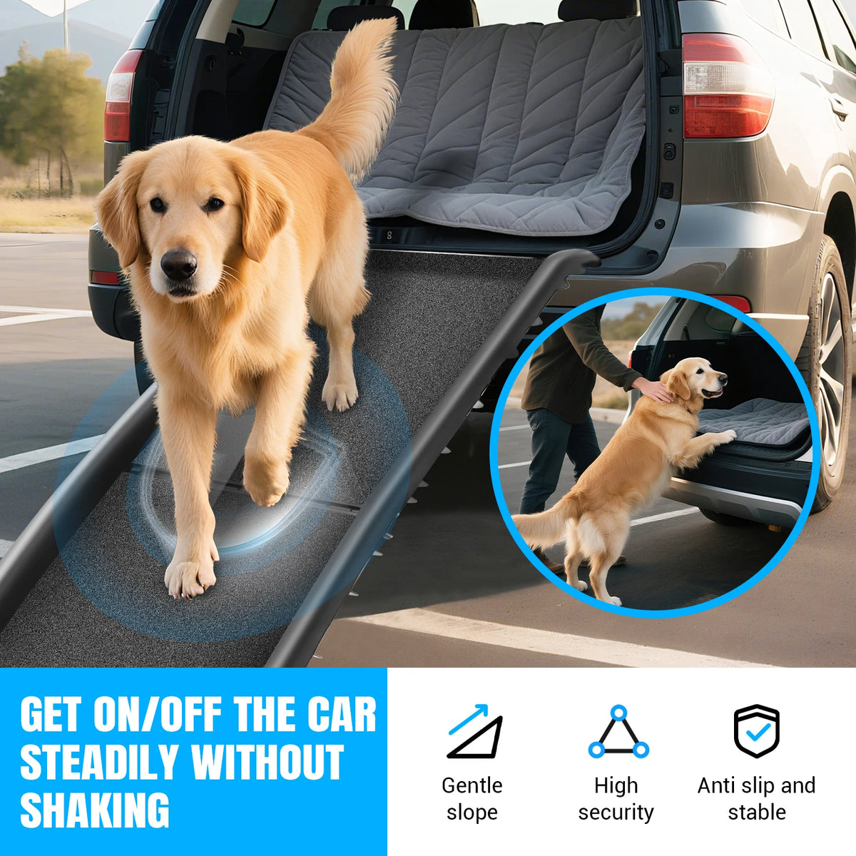 Folding dog ramp leading into a car boot, a golden retriever walking down its grippy black surface