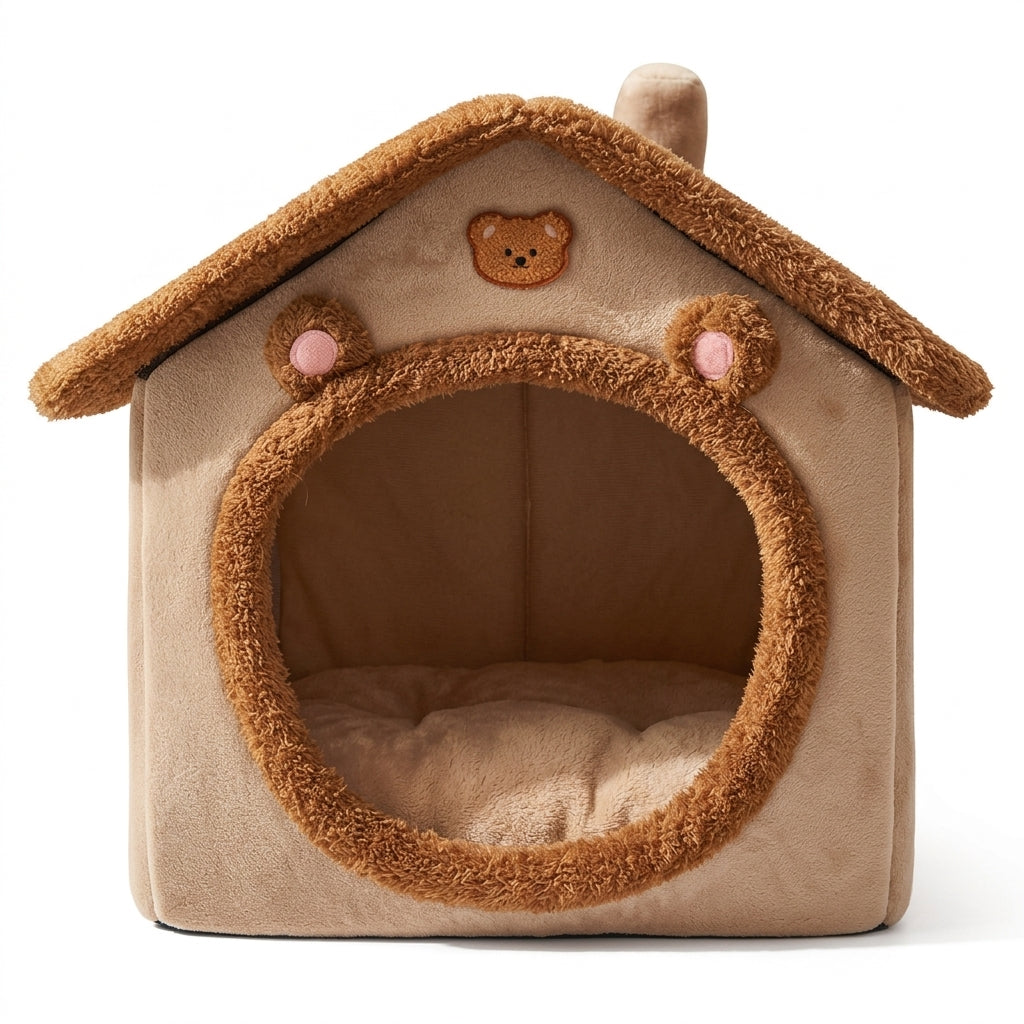 Folding cat bed house in Brown: beige walls, a brown plush pitched roof, a round bear-ear doorway and a soft cushion