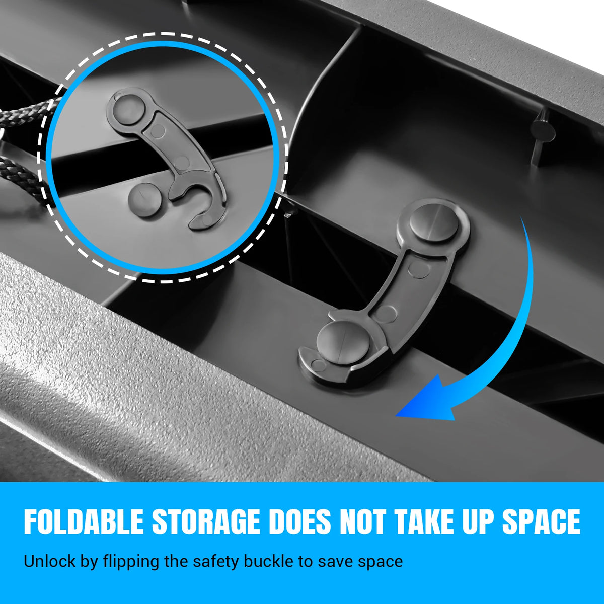 Close-up of the black plastic safety buckle that locks the folding dog ramp closed for storage