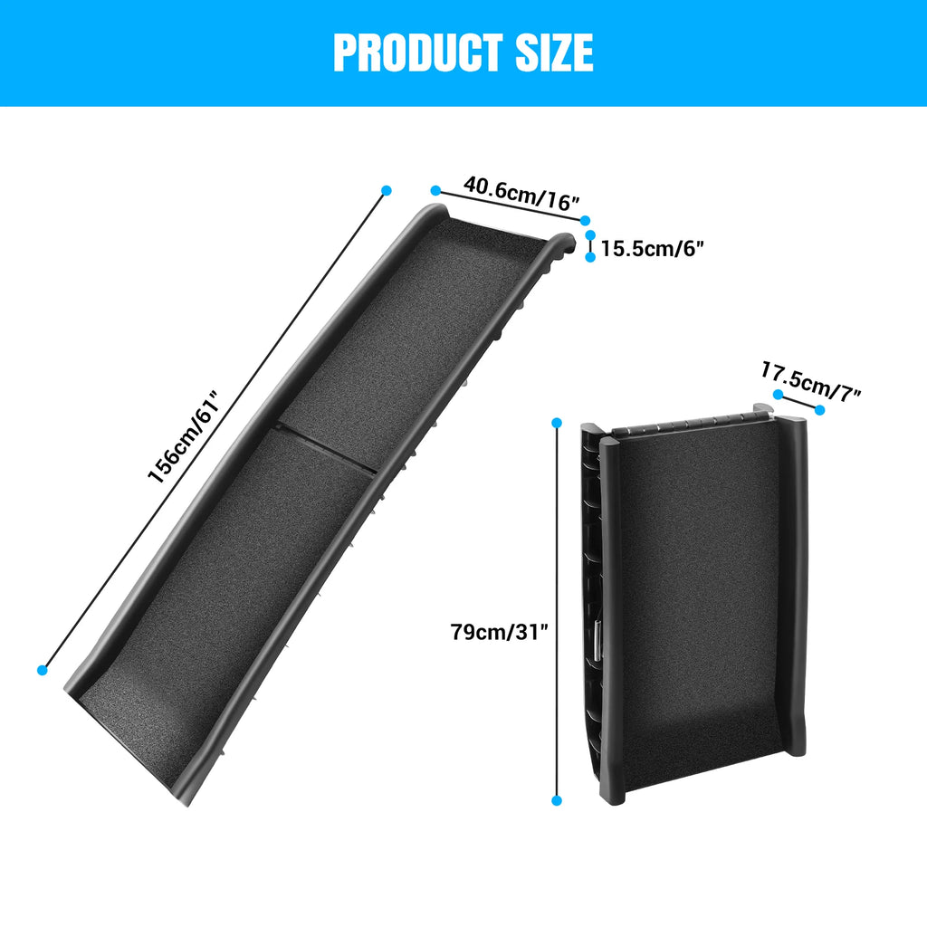 Size chart for the folding dog ramp: 156 cm long, 40.6 cm wide, 15.5 cm edge; folded 79 x 17.5 cm