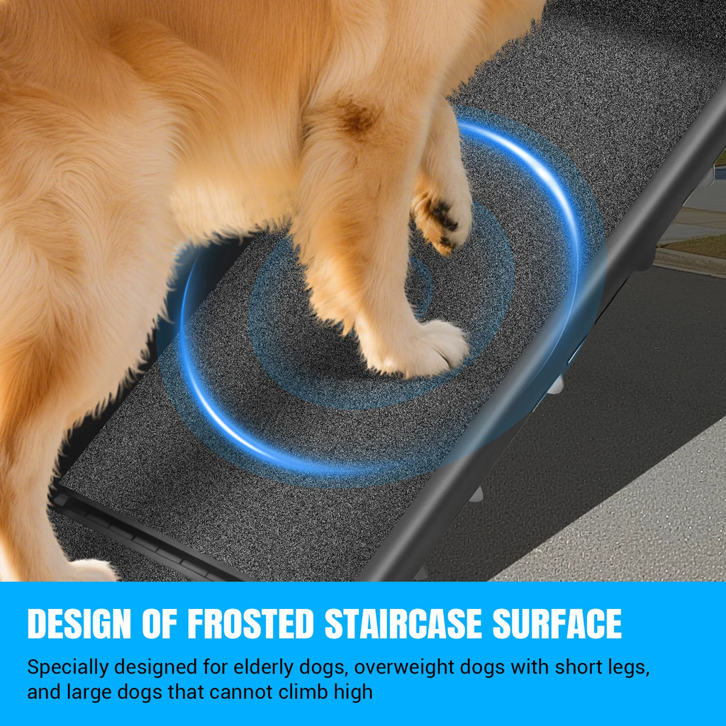 Close-up of a golden dog's paws on the textured, non-slip surface of the black dog ramp