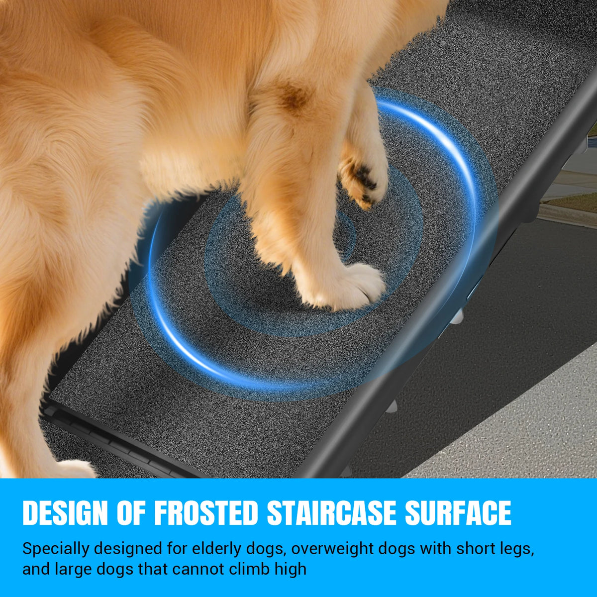 Close-up of a golden dog's paws on the textured, non-slip surface of the black dog ramp