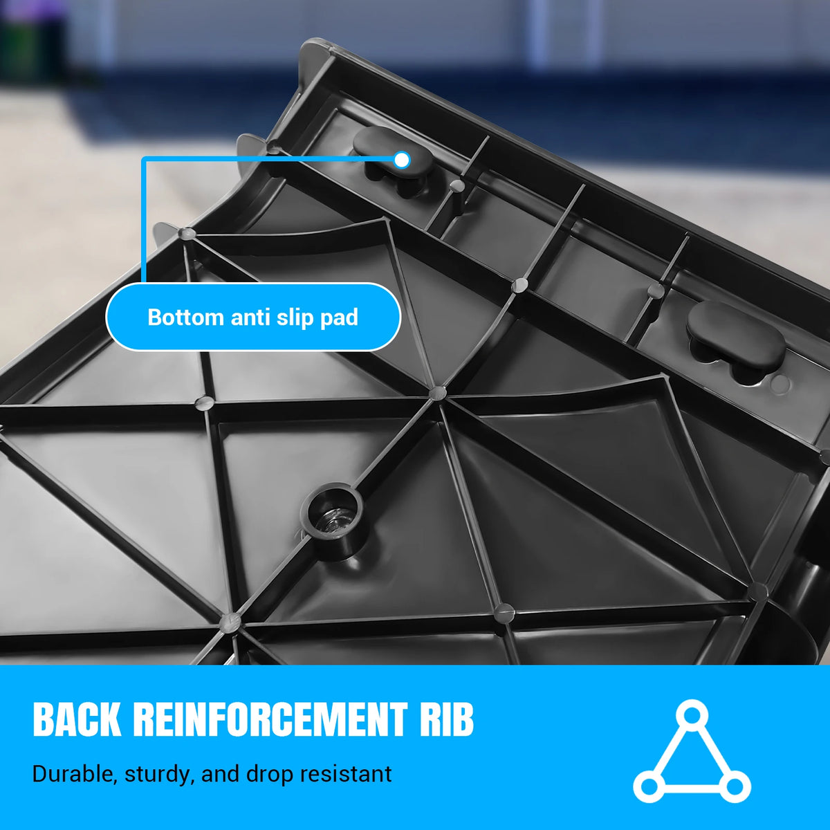 Underside of the black folding dog ramp showing the reinforcement ribs and rubber anti-slip pads