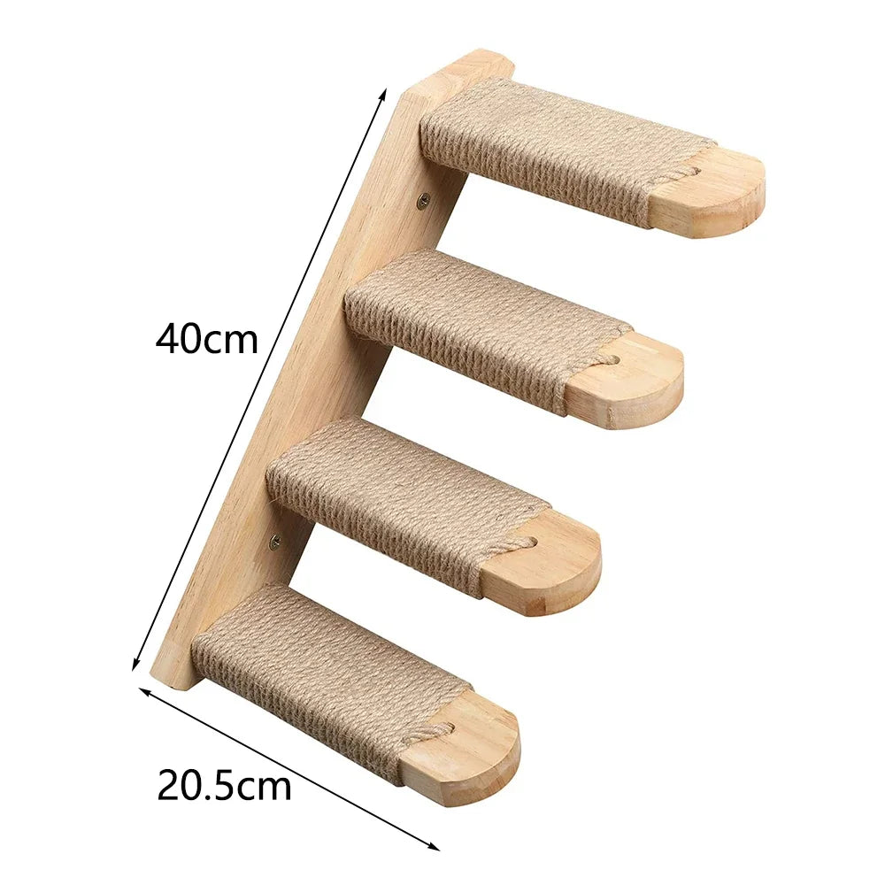 Four-step wooden cat wall ladder with rope-wrapped steps, 40 cm along the rail and 20.5 cm per step