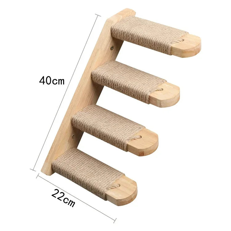 Four-step wooden cat wall ladder with rope-wrapped steps, 40 cm long and 22 cm wide