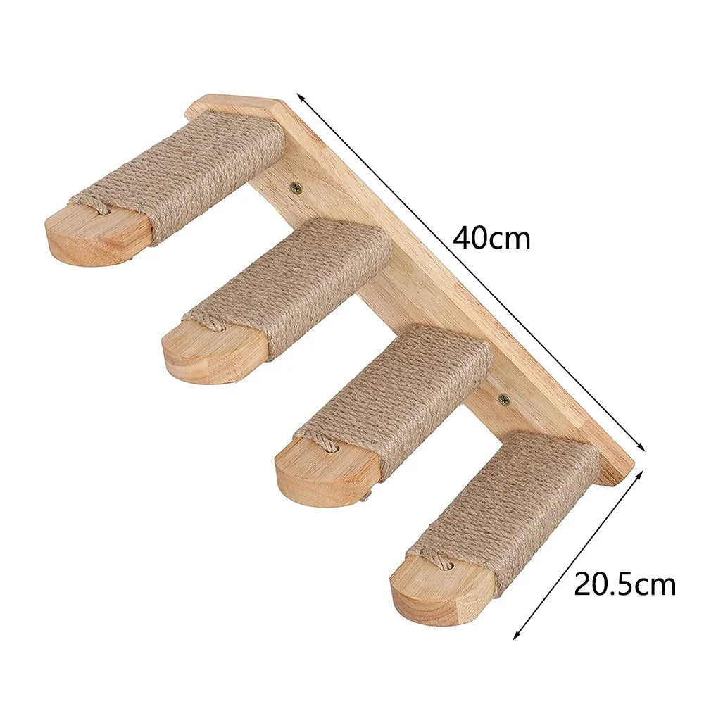 Four-step wooden cat wall ladder with rope-wrapped steps seen from the side, 40 cm long, steps 20.5 cm