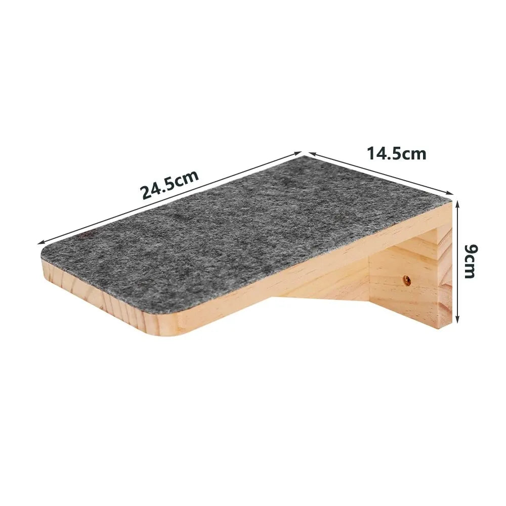Wooden cat wall step topped with grey felt, 24.5 cm long, 14.5 cm wide and 9 cm high