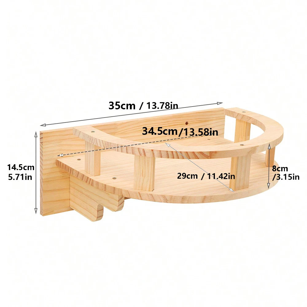 Half-round wooden wall lookout with a railed rim, 35 cm wide, 34.5 cm across the rail, 29 cm deep and 14.5 cm high