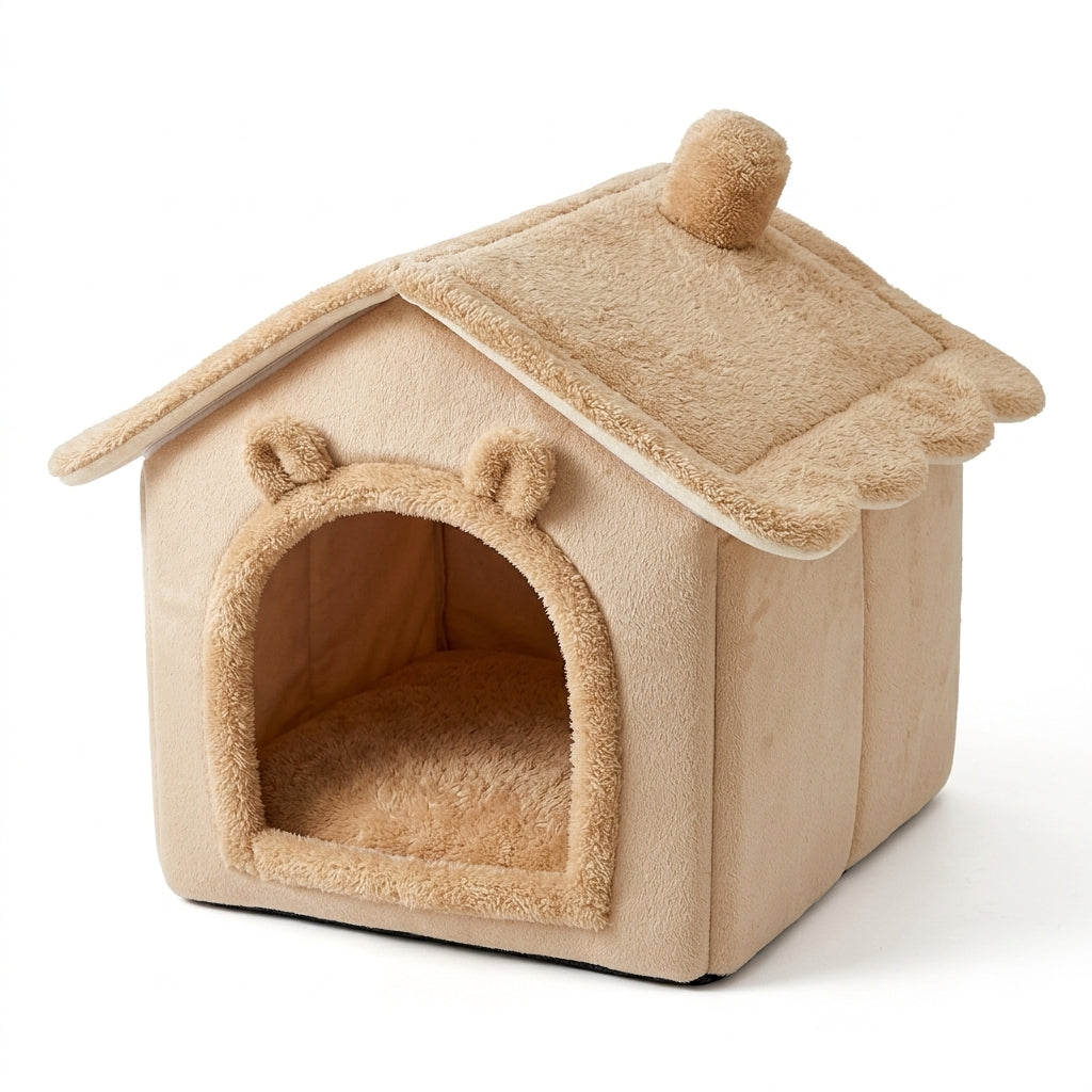 Hooded bed for dogs and cats in brown suede-look fabric, shaped like a house with a plush roof, chimney and bear-ear doorway