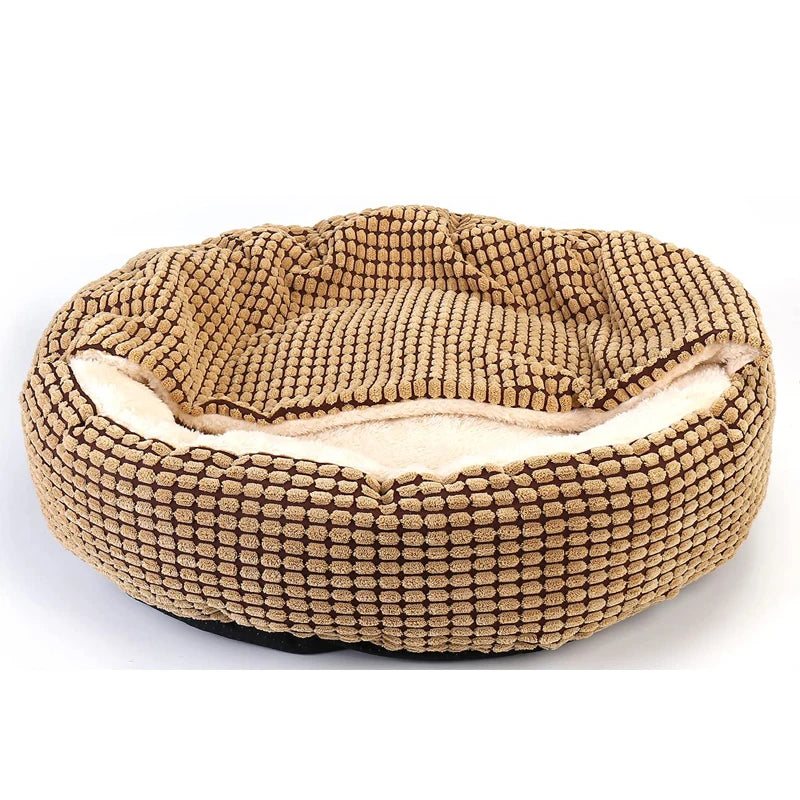 Hooded dog bed in coffee, a round donut in brown grid-textured plush with a cream fleece lining