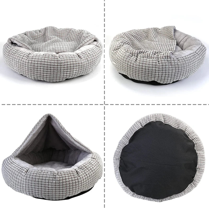 Four views of the grey hooded dog bed: front, side, hood raised into a cave, and the black base underneath