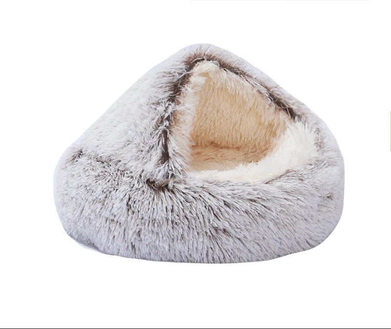 Hooded igloo bed in brown, long plush: shaggy brown fur with white tips and a fluffy beige lining inside