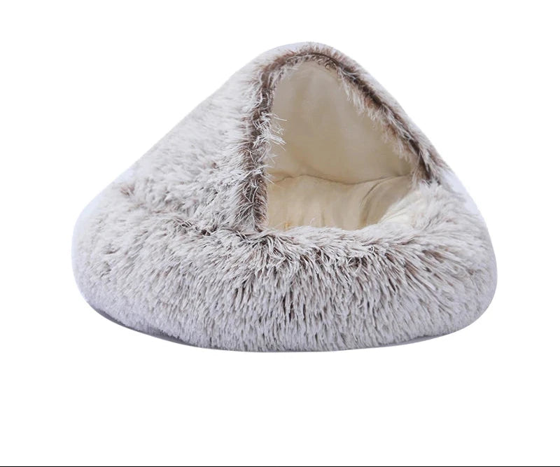 Hooded igloo bed in brown, short plush: shaggy brown fur with white tips and a smooth cream lining inside