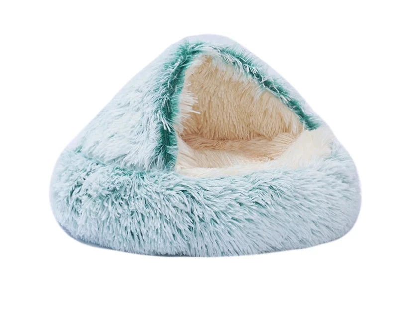 Hooded igloo bed in green, long plush: shaggy mint green fur with white tips and a fluffy beige lining inside