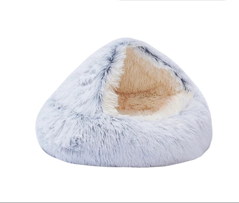Hooded igloo bed in grey, long plush: shaggy pale grey fur with white tips and a fluffy beige lining inside