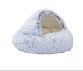 Hooded igloo bed in grey, short plush: shaggy pale grey fur with white tips and a smooth cream lining inside