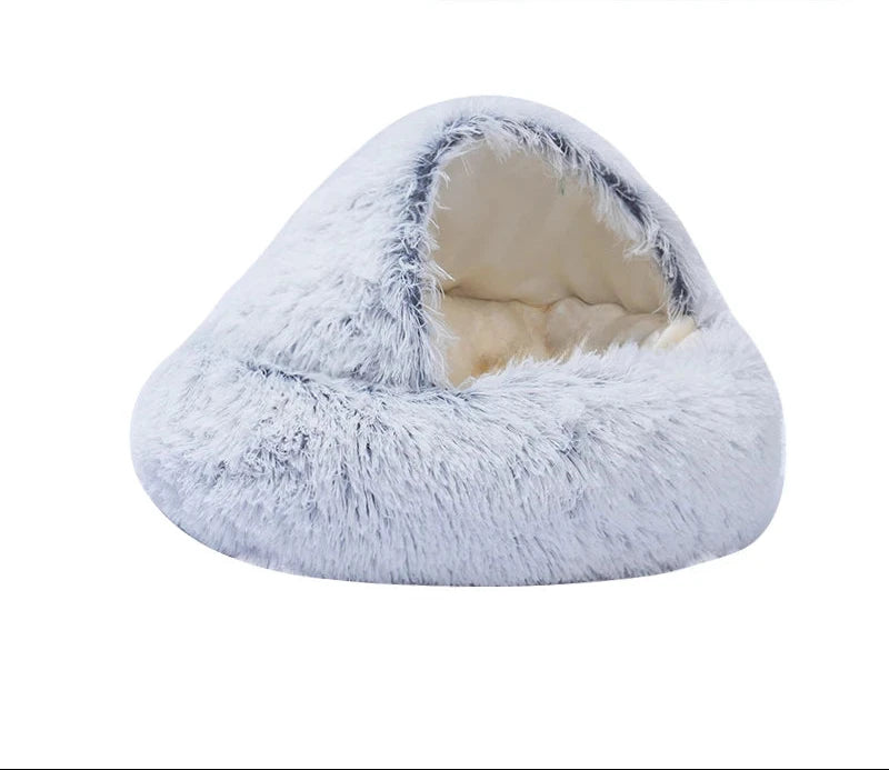 Hooded igloo bed in grey, short plush: shaggy pale grey fur with white tips and a smooth cream lining inside