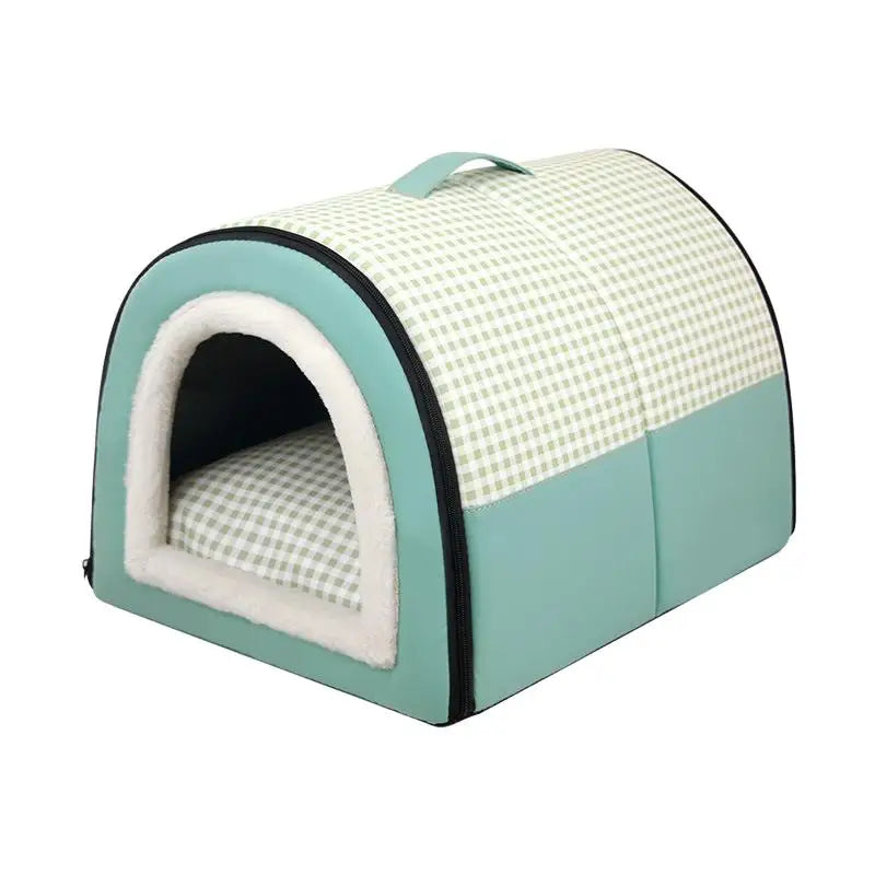 Indoor dog house bed in green, a mint shade, with a green gingham roof, white plush arched door and handle