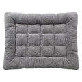 Kennel bed for dogs in grey plush, a rectangular crate mat with a padded border and a quilted grid of squares, from above