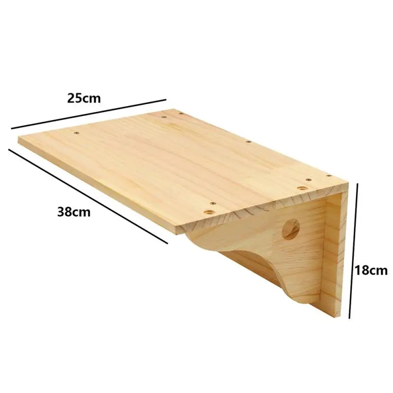 Wooden cat wall shelf on a shaped bracket, 38 cm long, 25 cm deep and 18 cm high