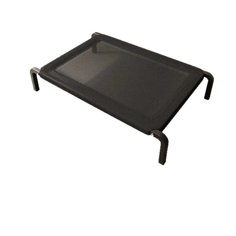 Large dog bed elevated on a black steel frame, a flat black mesh panel stretched between four curved legs