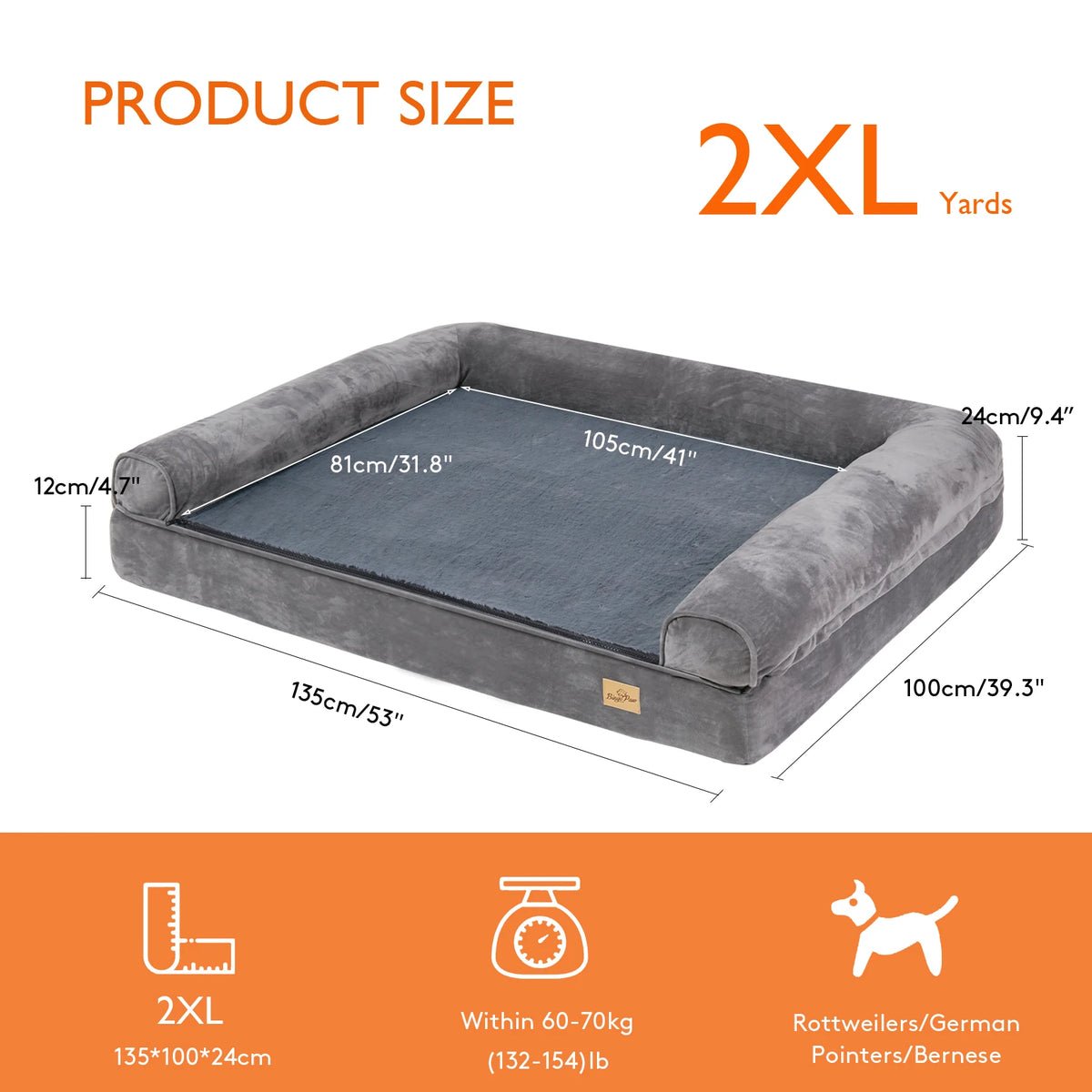 Size 2XL chart: 135 x 100 x 24 cm, 12 cm base, 105 x 81 cm sleeping area, 60 to 70 kg, e.g. rottweilers