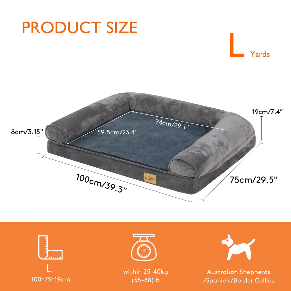 Size L chart: 100 x 75 x 19 cm, 8 cm base, 74 x 59.5 cm sleeping area, 25 to 40 kg, e.g. spaniels and border collies