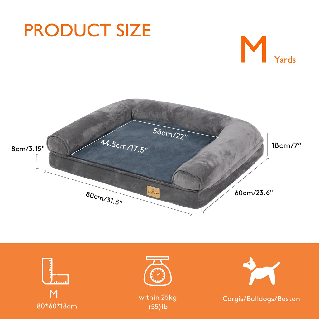 Size M chart: 80 x 60 x 18 cm, 8 cm base, 56 x 44.5 cm sleeping area, up to 25 kg, e.g. corgis and bulldogs
