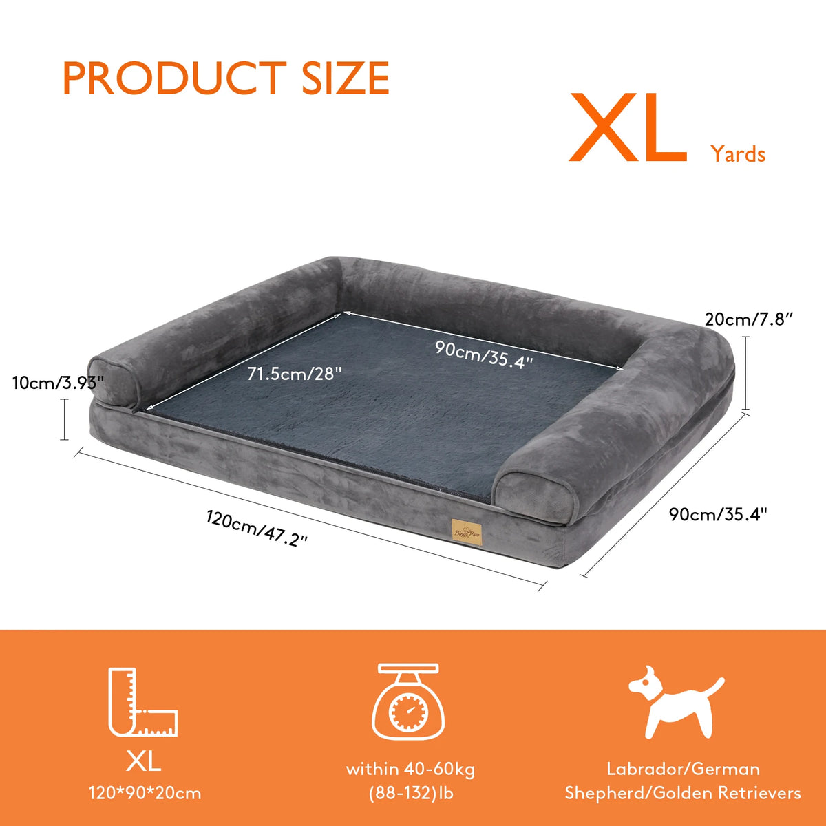 Size XL chart: 120 x 90 x 20 cm, 10 cm base, 90 x 71.5 cm sleeping area, 40 to 60 kg, e.g. labradors