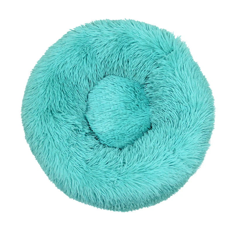 Round donut dog bed in aqua shaggy plush, a bright turquoise with a raised rim, seen from above