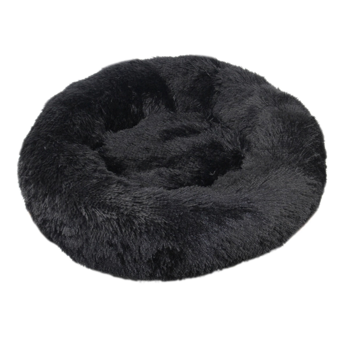 Round donut dog bed in black shaggy plush, deep black with a raised rim, seen at an angle
