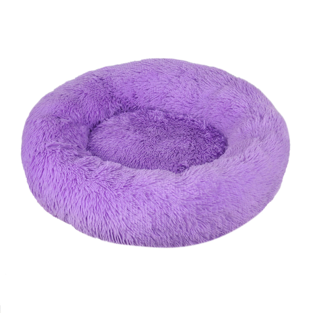 Round donut dog bed in lavender shaggy plush, a bright violet with a raised rim, seen at an angle