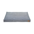 Mattress dog bed in grey linen-look fabric with a blue tint, flat and rectangular with a small leather label