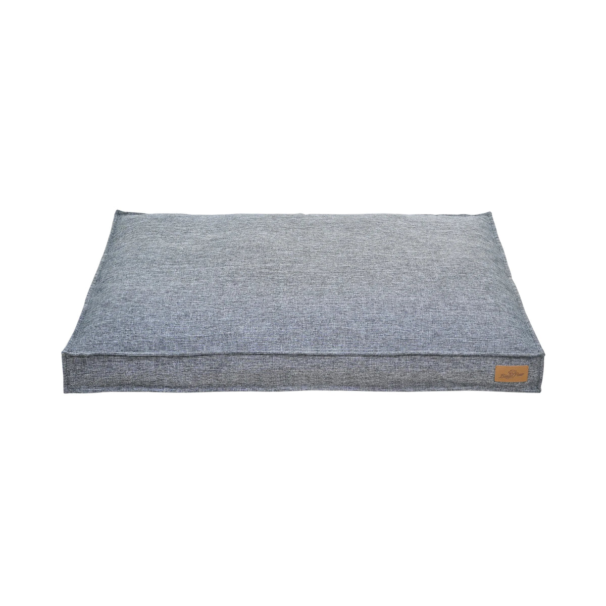 Mattress dog bed in grey linen-look fabric with a blue tint, flat and rectangular with a small leather label