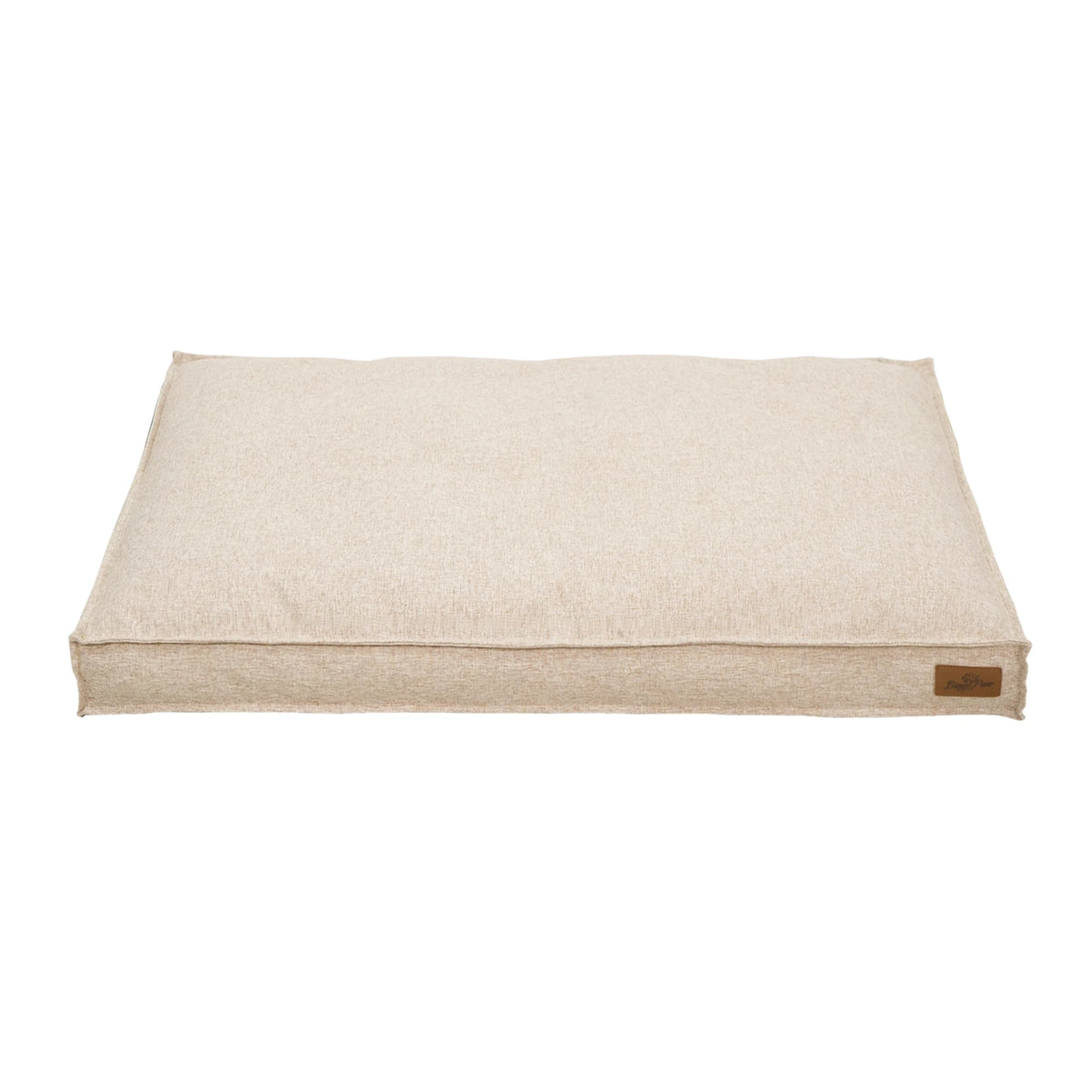 Mattress dog bed in khaki linen-look fabric, a pale oatmeal beige, flat and rectangular with a small leather label