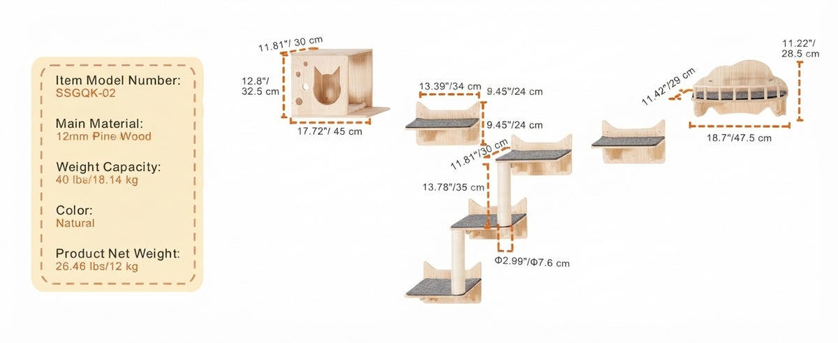 Dimensions of the 5-piece pine wall set: cube house 45 x 30 cm, cat-ear shelves 34 x 24 cm, a railed bed 47.5 cm long and steps on posts