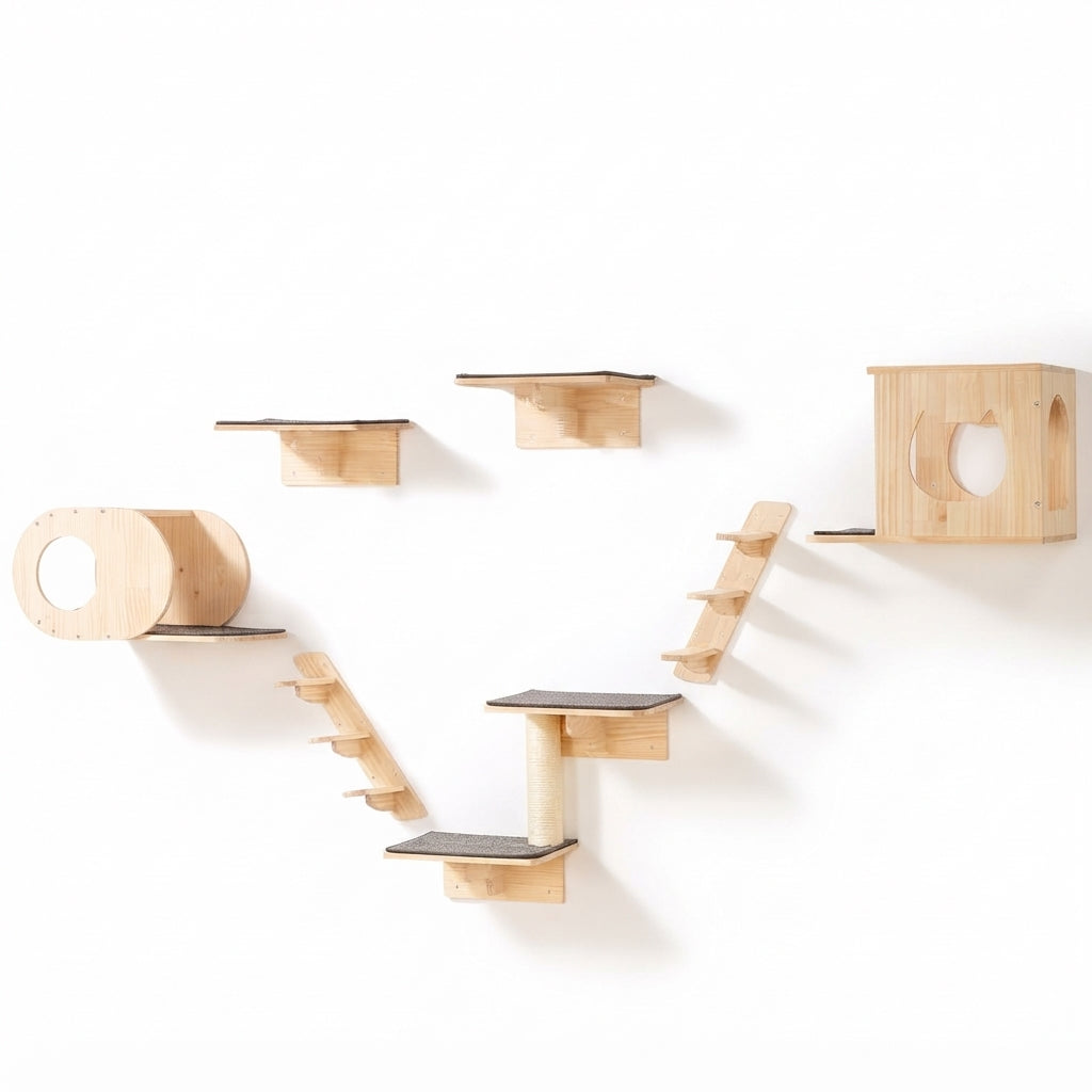 Modern cat tree wall set in pale pine: a tunnel house, a cube house, two shelves, two ladders and a two-level step on a post