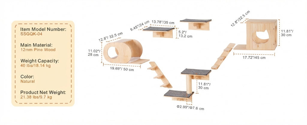 Dimensions of the 7-piece pine wall set: tunnel house 50 x 28 cm, cube house 45 x 30 cm, shelves 35 x 24 cm, post 30 cm high
