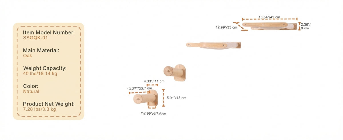Dimensions of the small wall set: wooden-framed fabric hammocks 42 x 33 cm and round wall posts 7.6 cm in diameter