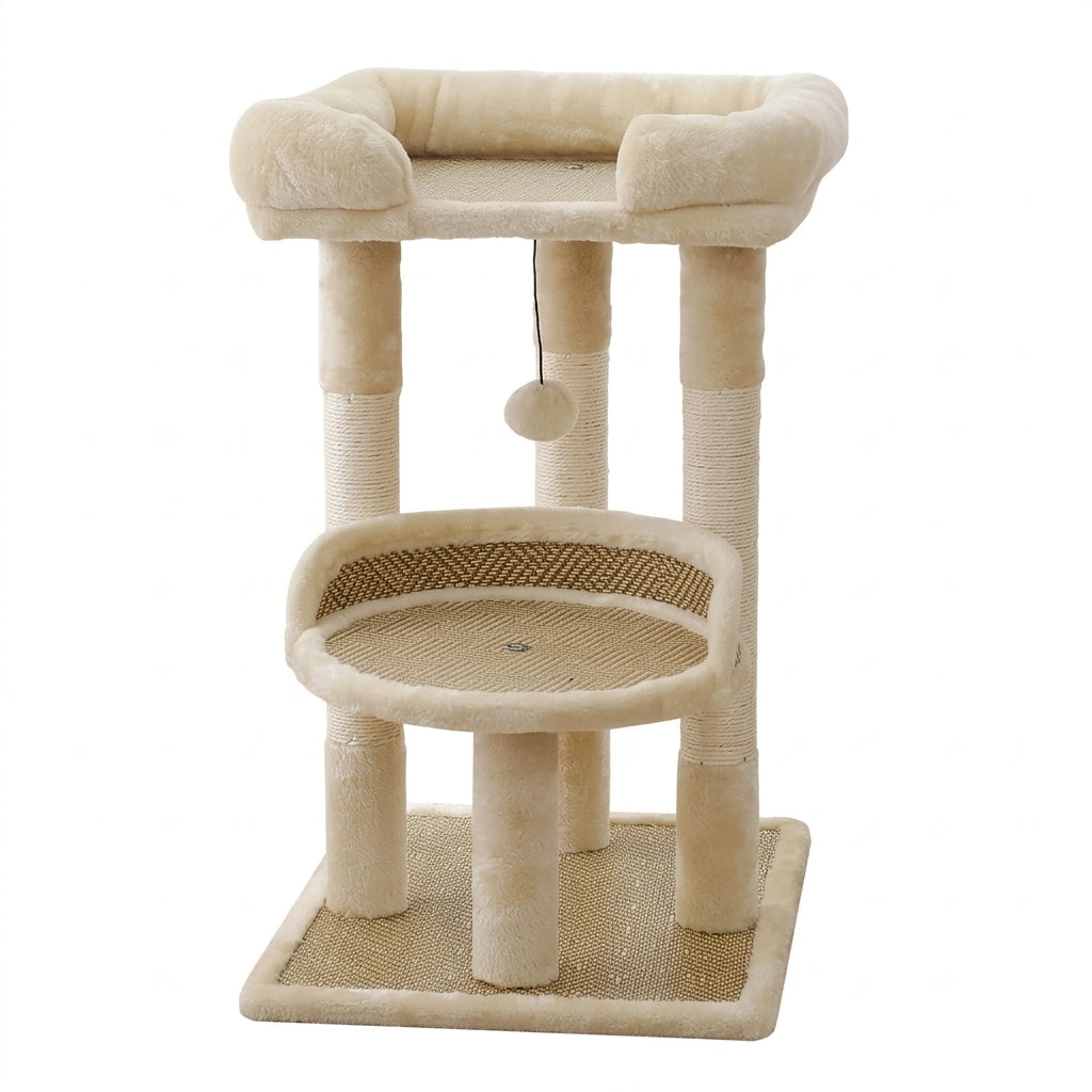 Natural cat tree in Cream plush with sisal posts, a woven cane nest, a top bed with bolsters and a woven scratch mat base