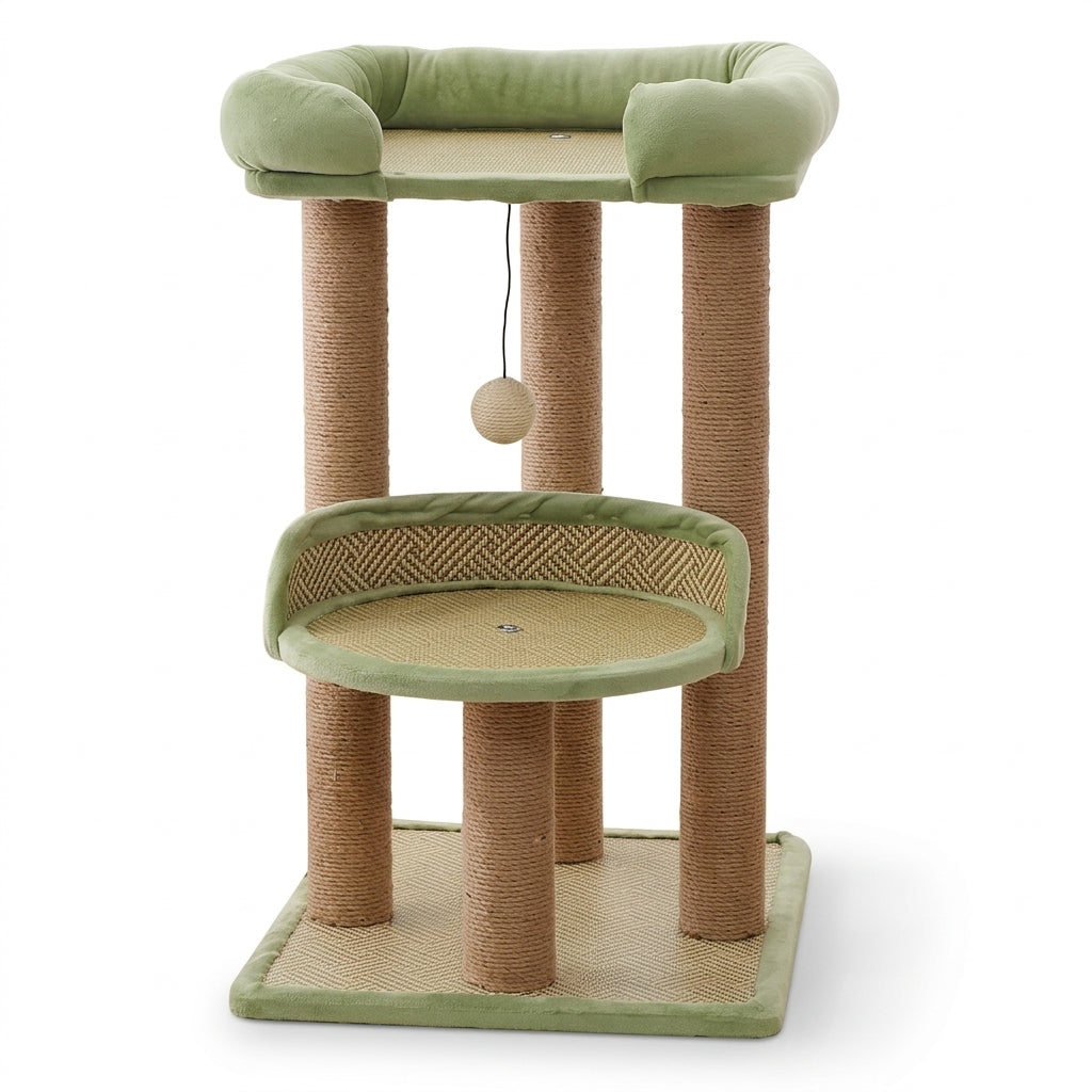 Natural cat tree in Light Green with jute-wrapped posts, a woven cane nest, a top bed with bolsters and a hanging ball