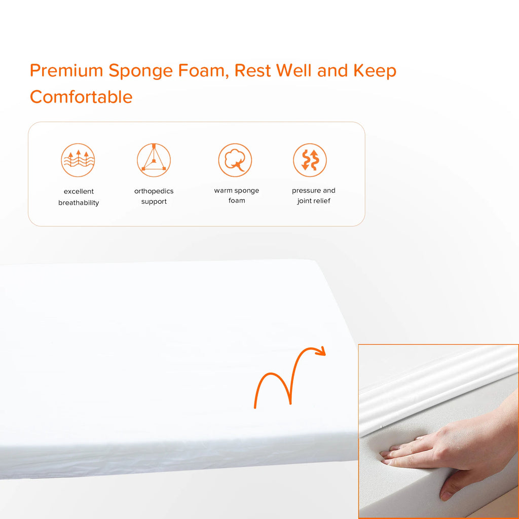 Close-up of the white sponge foam core of the dog bed, with a hand pressing into the foam