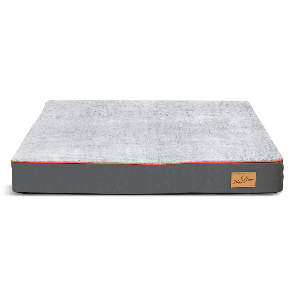 Orthopaedic dog bed, a thick grey foam mattress with a pale grey plush top and orange piping