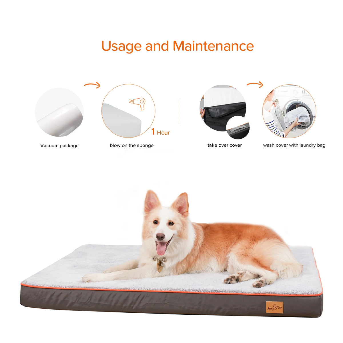 Care steps: unpack the vacuum-packed foam, wait 1 hour, remove the cover and machine wash it in a laundry bag